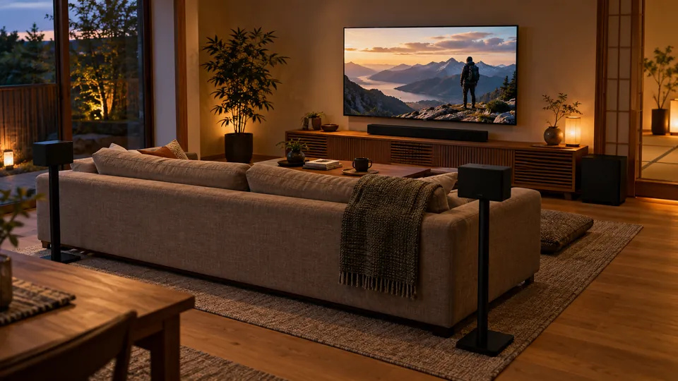 JBL BAR 1000の映画視聴と後方スピーカーを確認するイメージ画像