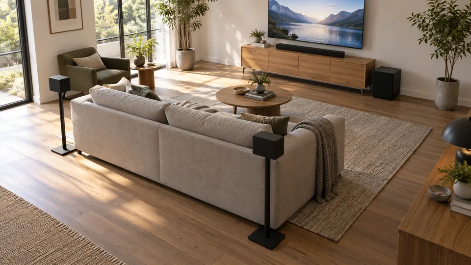 JBL BAR 1000の本体と後方スピーカーの置き場所を確認するイメージ画像